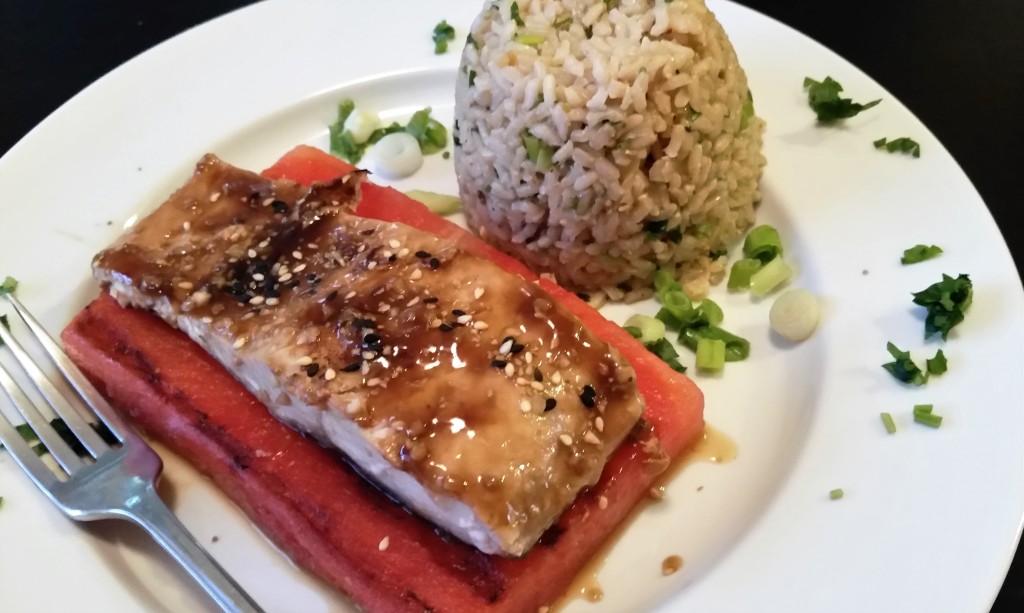 Teriyaki Salmon Over Grilled Watermelon - Eat-in With YiaYia