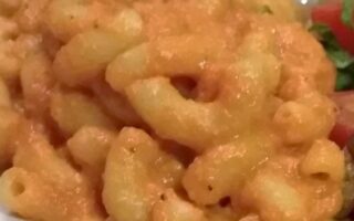 Close-up of completed vegan mac and cheese on a plate