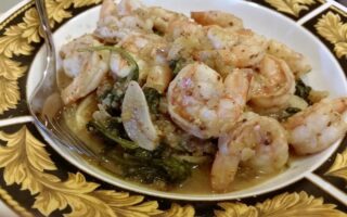 Finished bowl of spicy mustard shrimp searved in pasta bowl