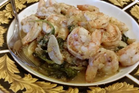 Finished bowl of spicy mustard shrimp searved in pasta bowl