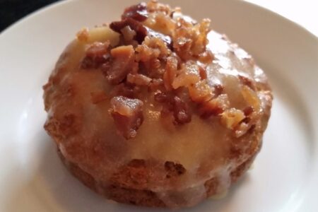 Low Carb Maple Glazed Bacon Donut on white plate