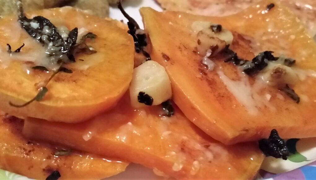 Extrme clos-up of finished Brown Butter Scalloped Sweet Potatoes