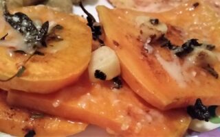 Extrme clos-up of finished Brown Butter Scalloped Sweet Potatoes