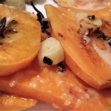 Extrme clos-up of finished Brown Butter Scalloped Sweet Potatoes