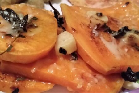 Extrme clos-up of finished Brown Butter Scalloped Sweet Potatoes